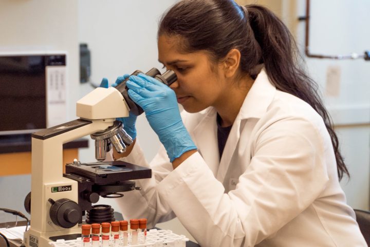 Forensics, Evidence and Investigation woeker looks into microscope
